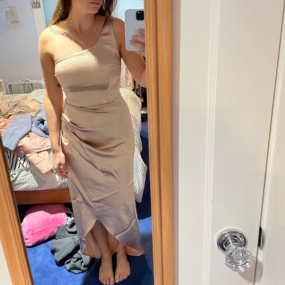 White Fox Boutique champagne one shoulder satin dress